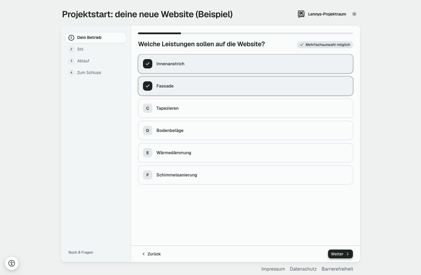 Fragebogen im Projektraum: eine Frage mit Mehrfachauswahl, links die Abschnitte des Fragebogens.